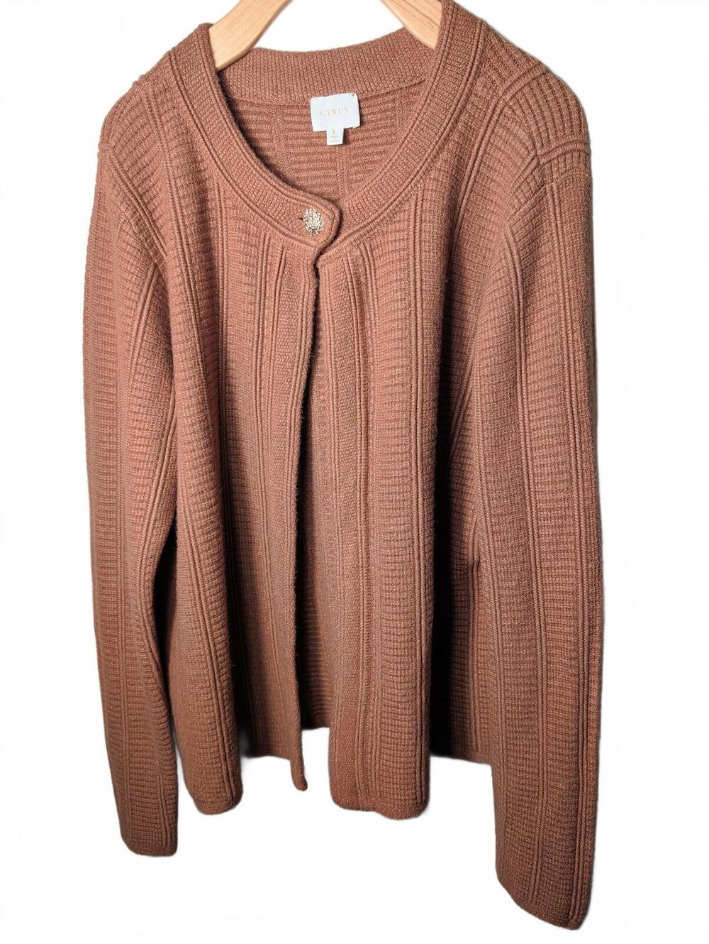 Cyrus Womens Large Brown Ribbed Knit Cardigan Sweater Decorative Button Cottage